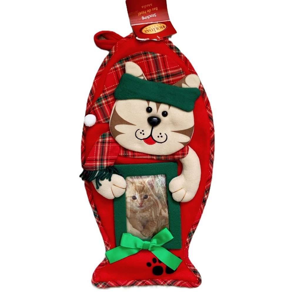 Cat Kitty 3D Fabric Applique Fish Shaped Xmas Stocking, Photo Holder Vtg NOS 20"